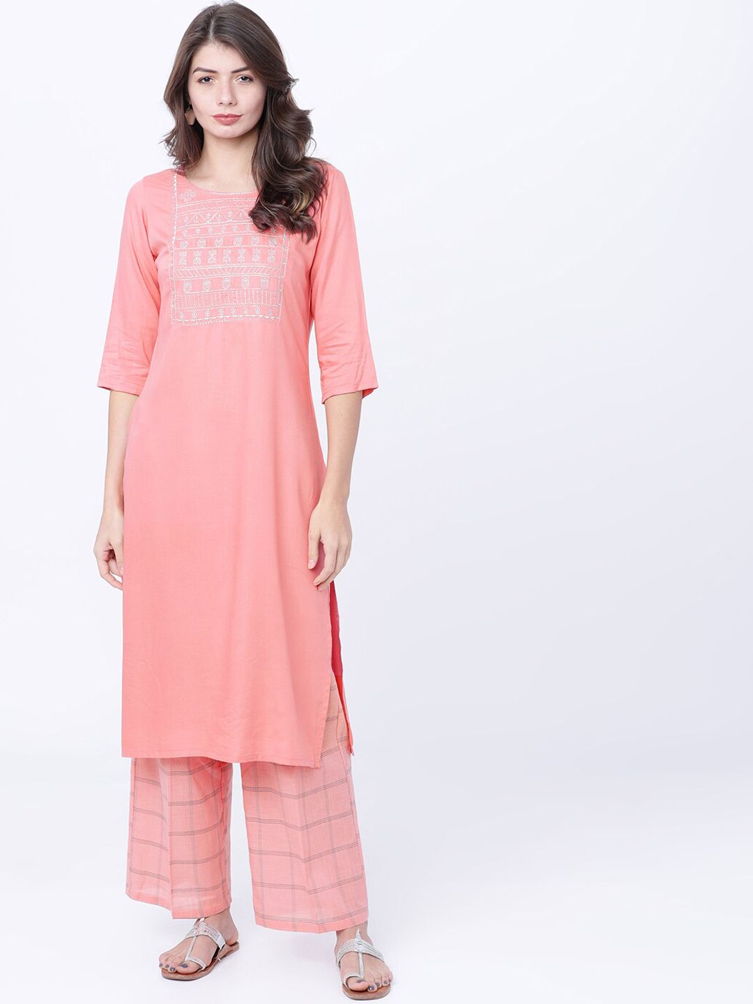 Vishudh Women Coral Pink Yoke Design Straight Kurta Price in India