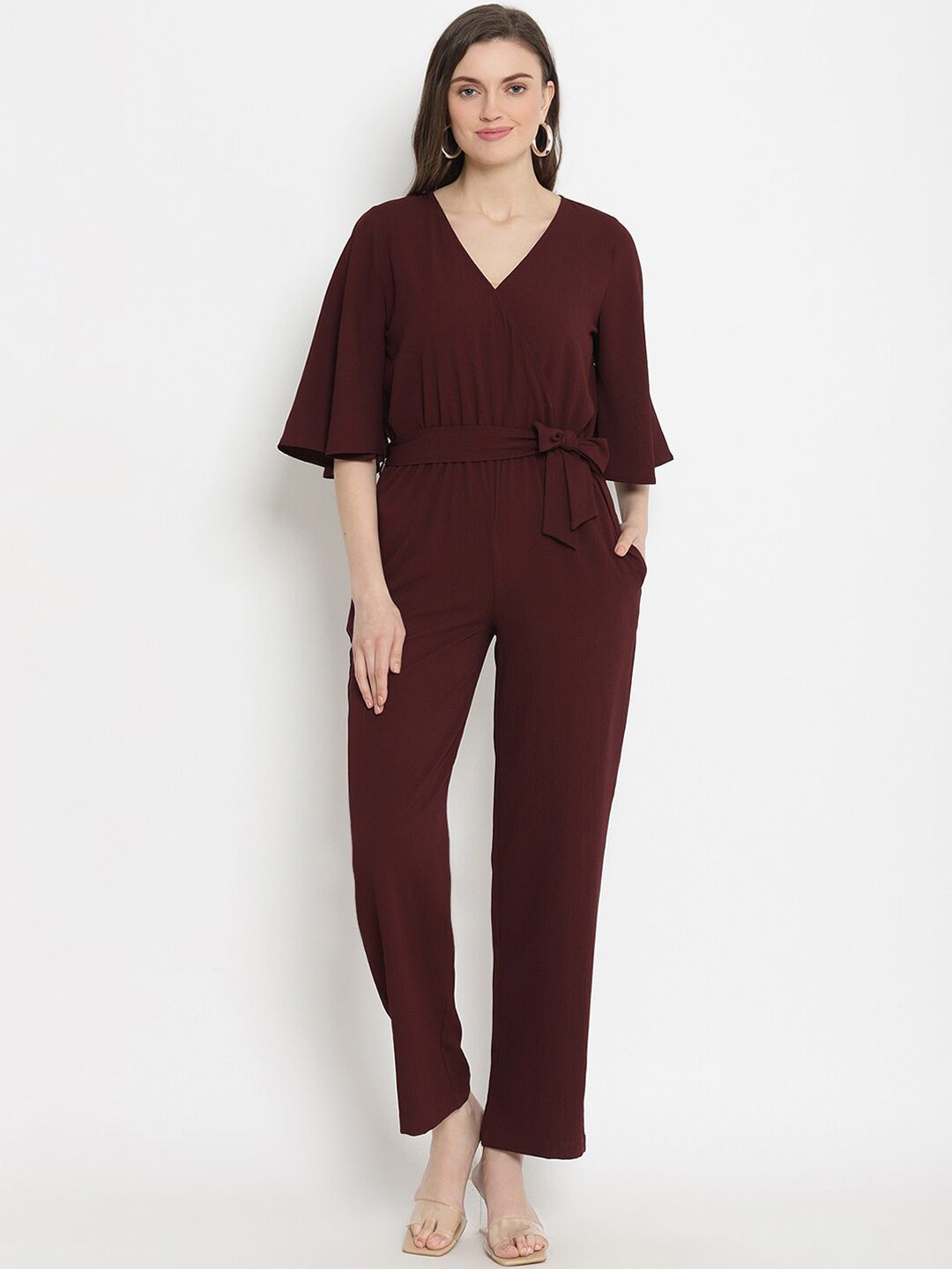 The Vanca Women Maroon Solid Basic Jumpsuit with Flare Sleeve Price in India