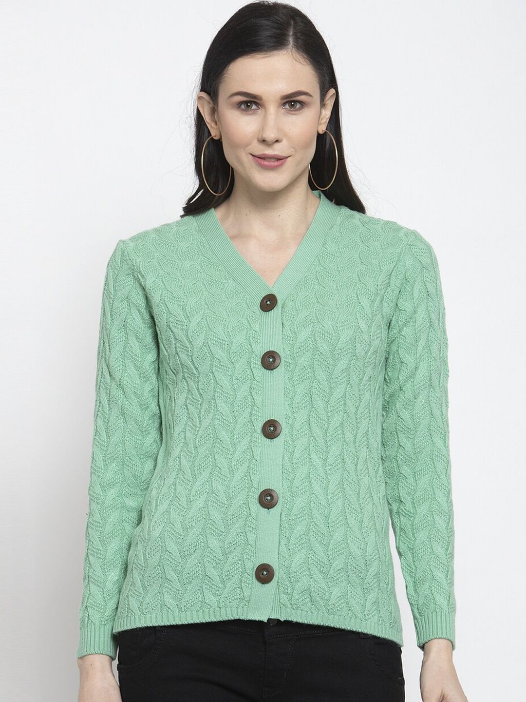 Kalt Women Green Cable Knit Cardigan Sweater Price in India