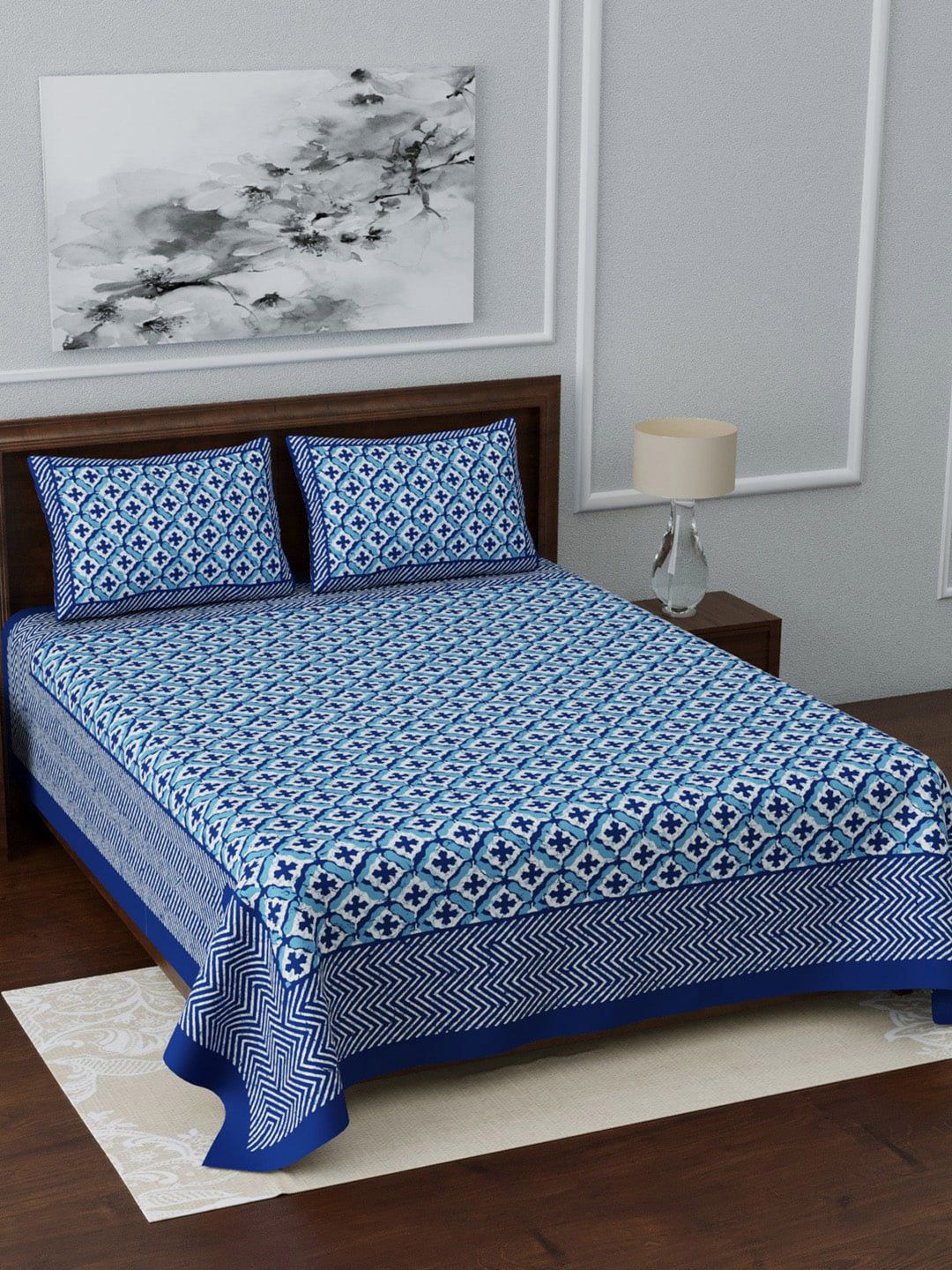 LIVING ROOTS Blue & White Ethnic Motifs 210 TC  King Bedsheet With 2 Pillow Covers Price in India