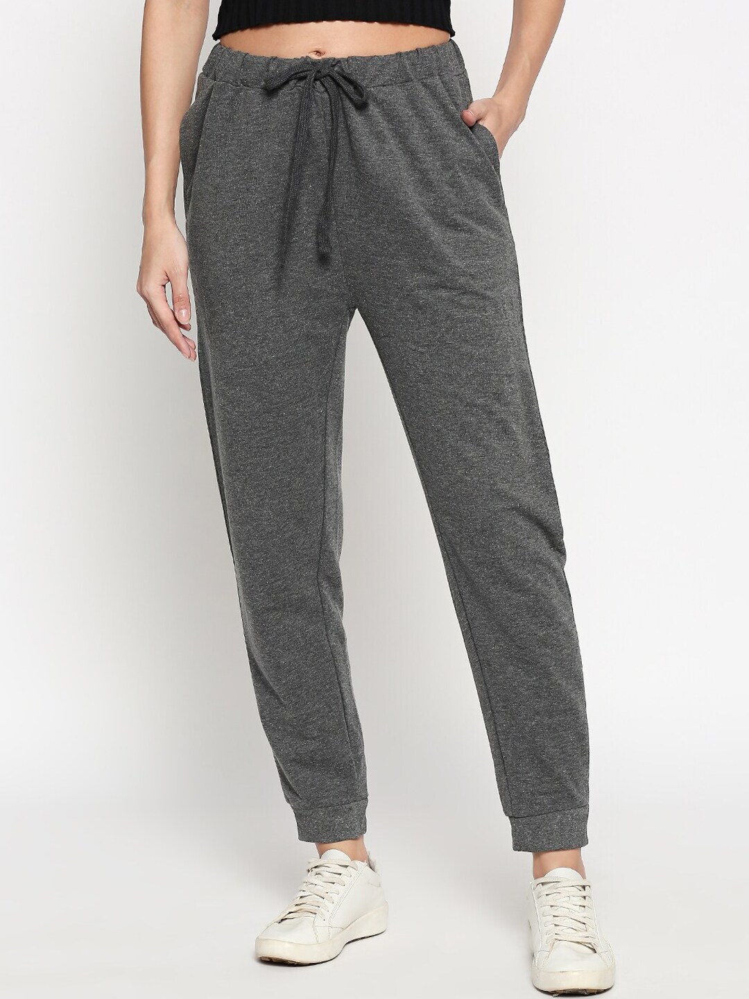 People Women Grey Regular Fit Solid Joggers Price in India