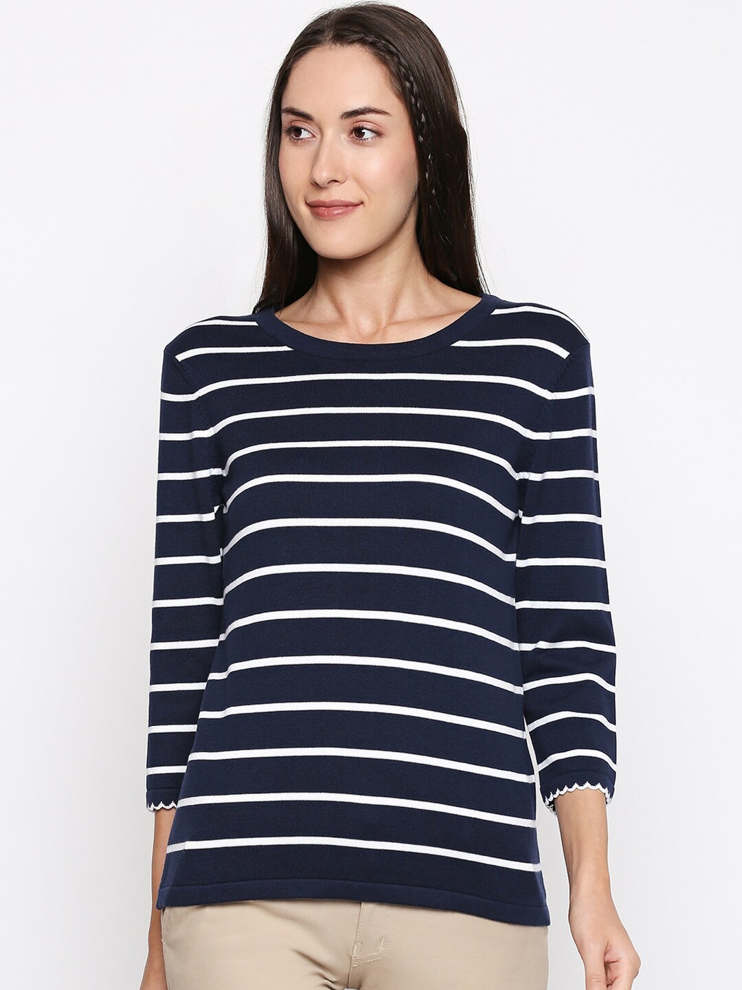 Annabelle by Pantaloons Women Navy Blue & White Striped Pullover Sweater Price in India