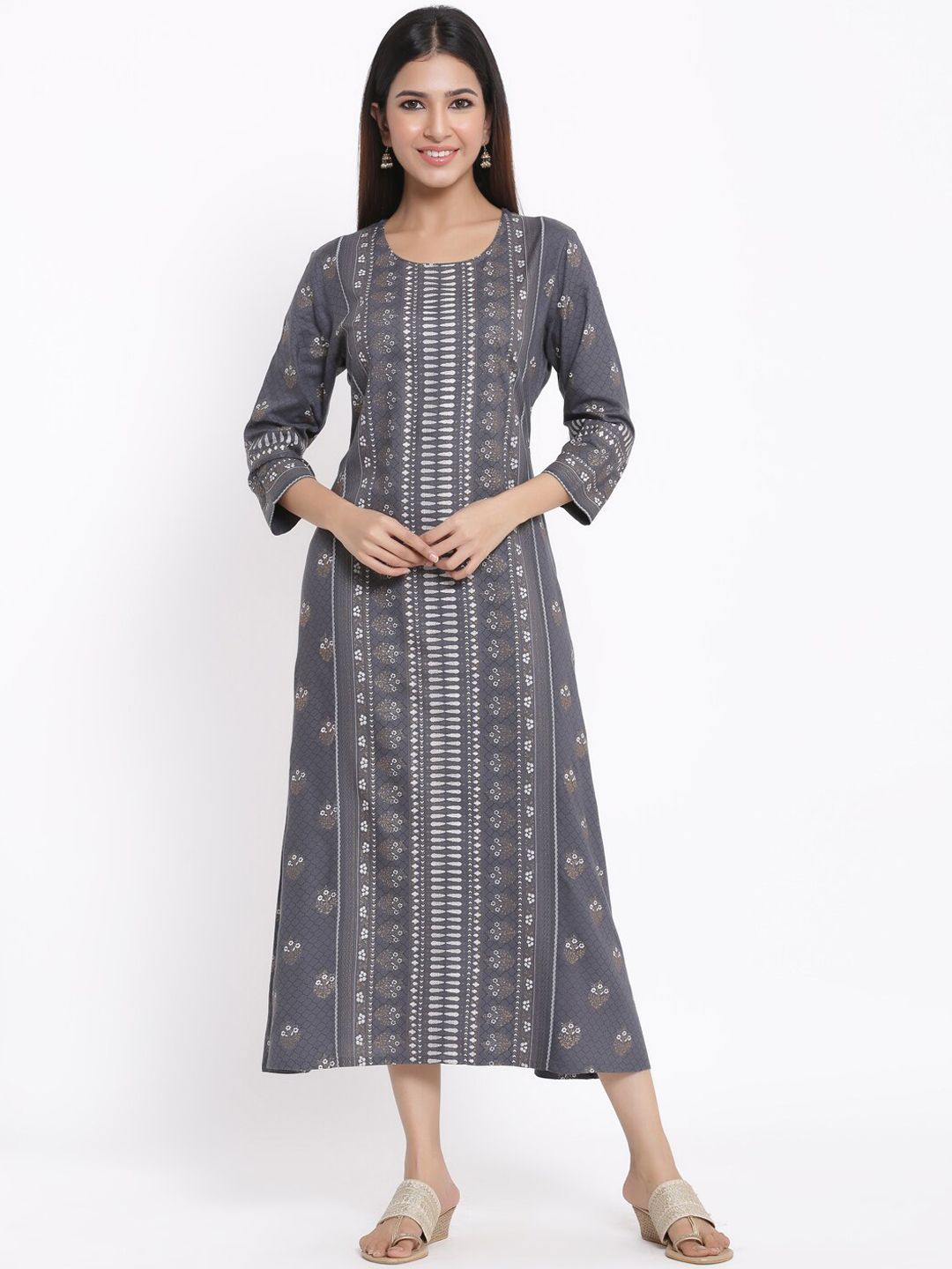 kipek Women Grey Printed A-Line Ethnic Dress Price in India