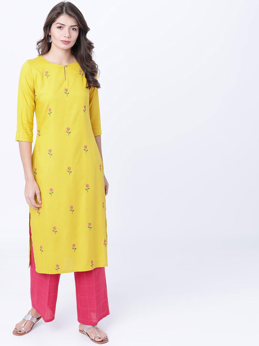 Vishudh Women Yellow & Pink Embroidered Straight Kurta Price in India