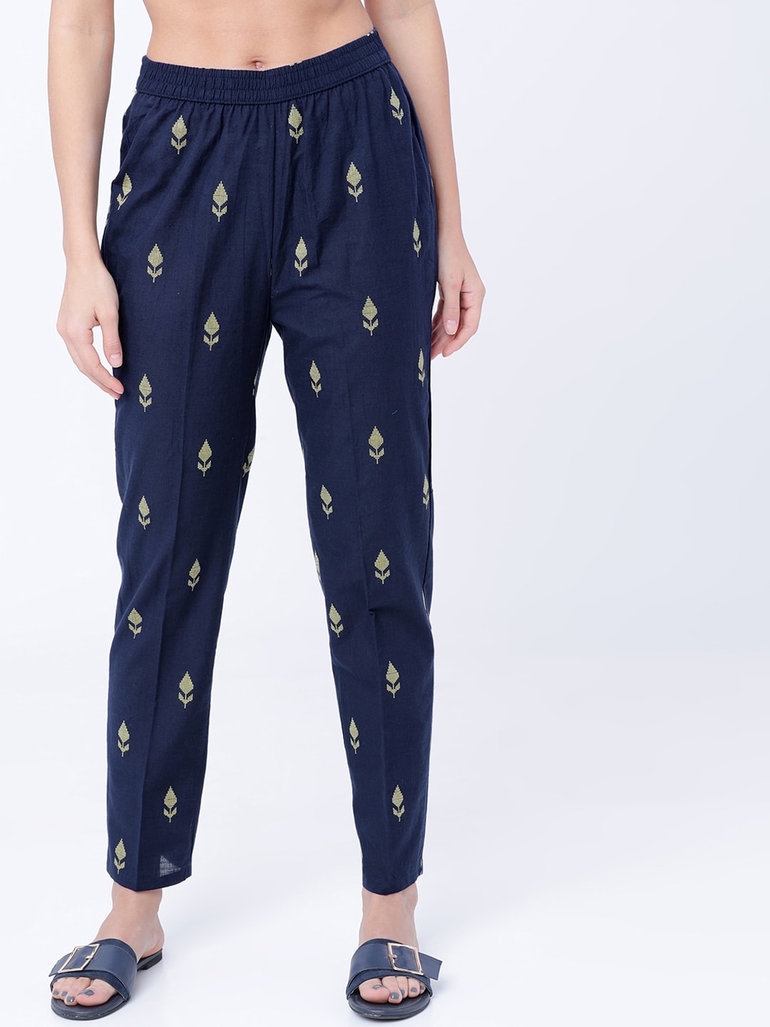 Vishudh Women Navy Blue & Yellow Regular Fit Printed Cotton Trousers Price in India