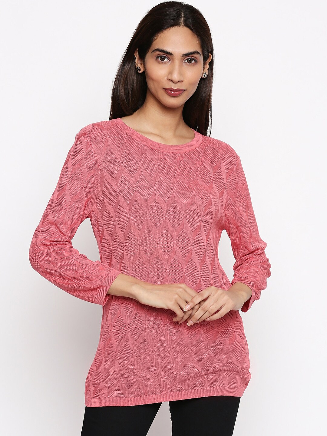 Annabelle by Pantaloons Women Pink Self Design Pullover Sweater Price in India