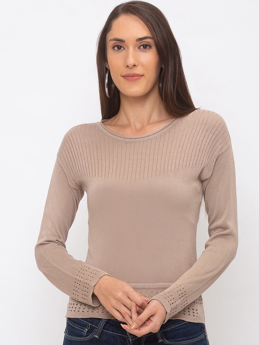 Globus Women Beige Solid Fitted Top