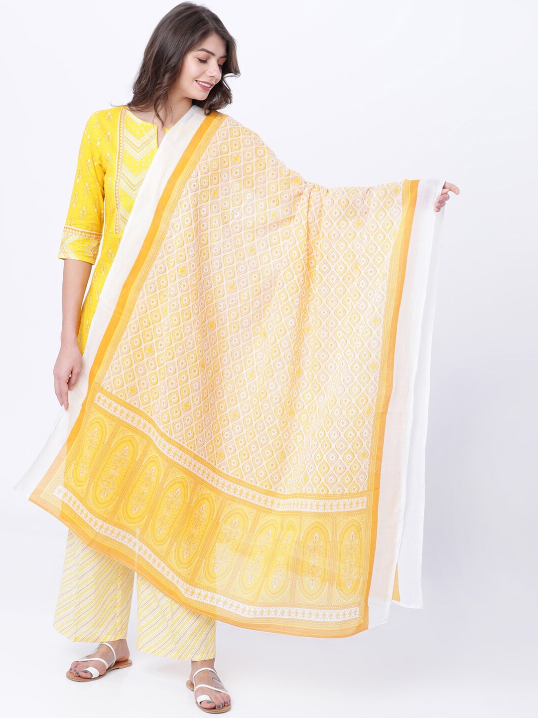 Vishudh Women Yellow & White Printed Dupatta Price in India