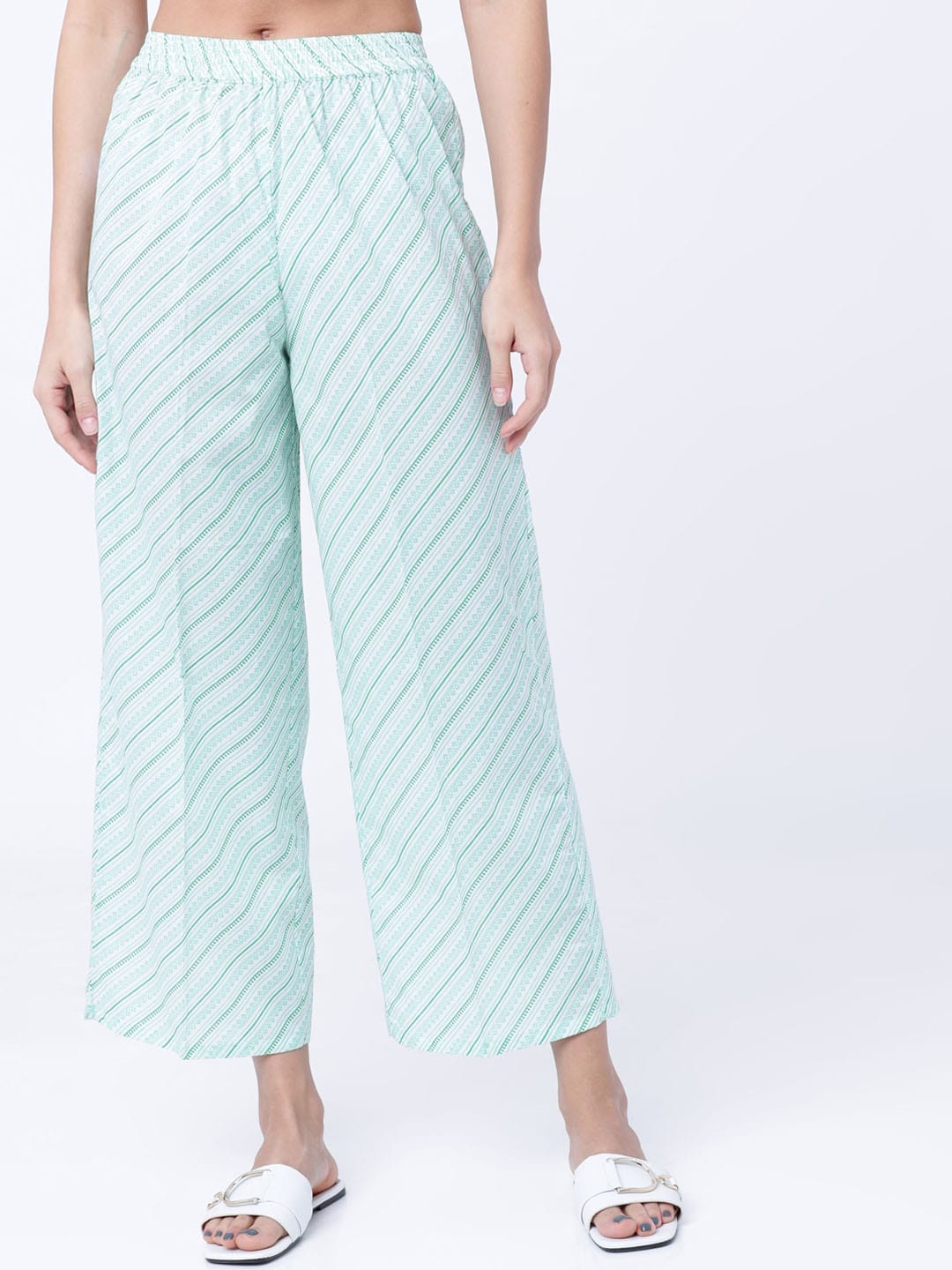 Vishudh Women Green & White Striped Straight Cropped Palazzo Price in India