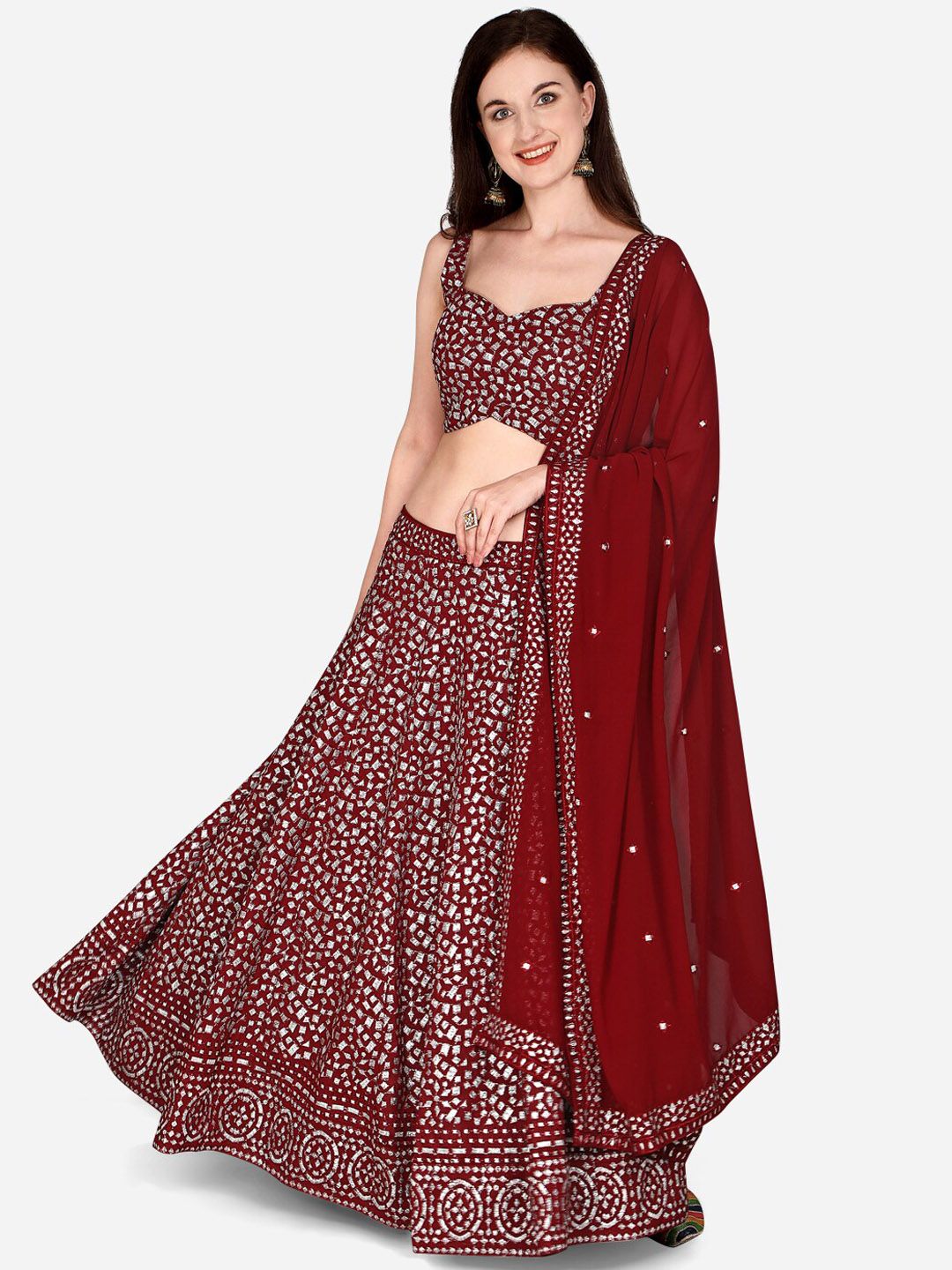 Mitera Women Maroon & Silver-Coloured Embellished Semi-Stitched Lehenga & Unstitched Blouse with Dupatta