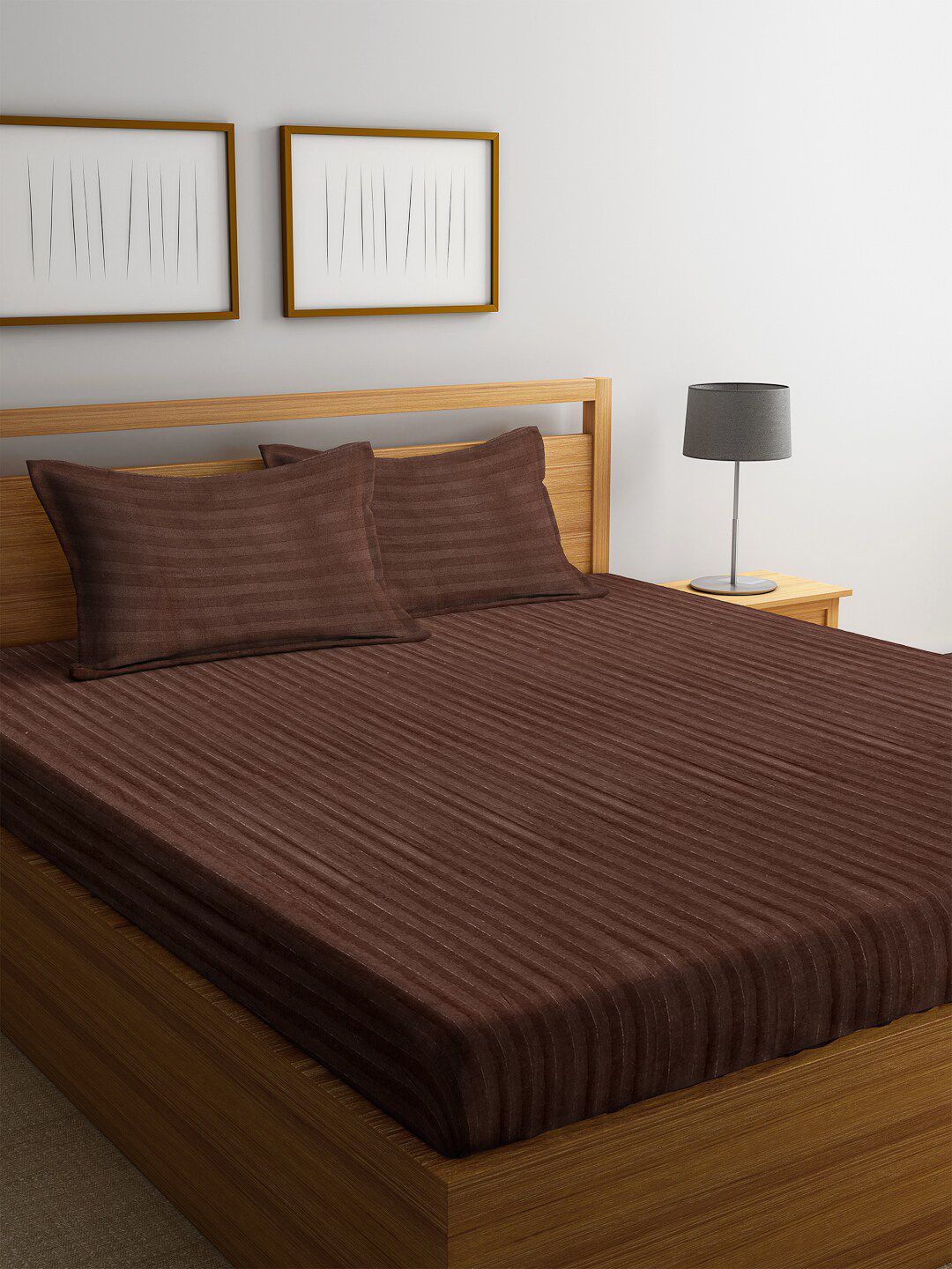 HOSTA HOMES Brown Striped 300TC Double King Bedsheet With 2 Pillow Covers Price in India