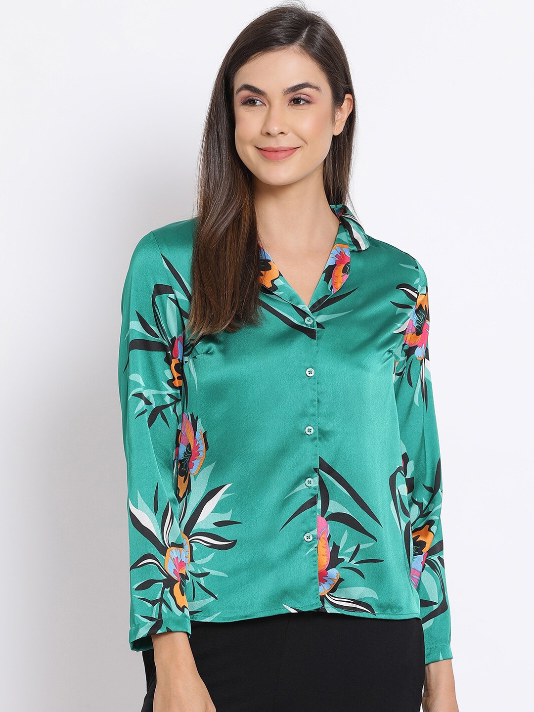 Oxolloxo Women Green & Black Tropical Printed Lounge Shirt Price in India