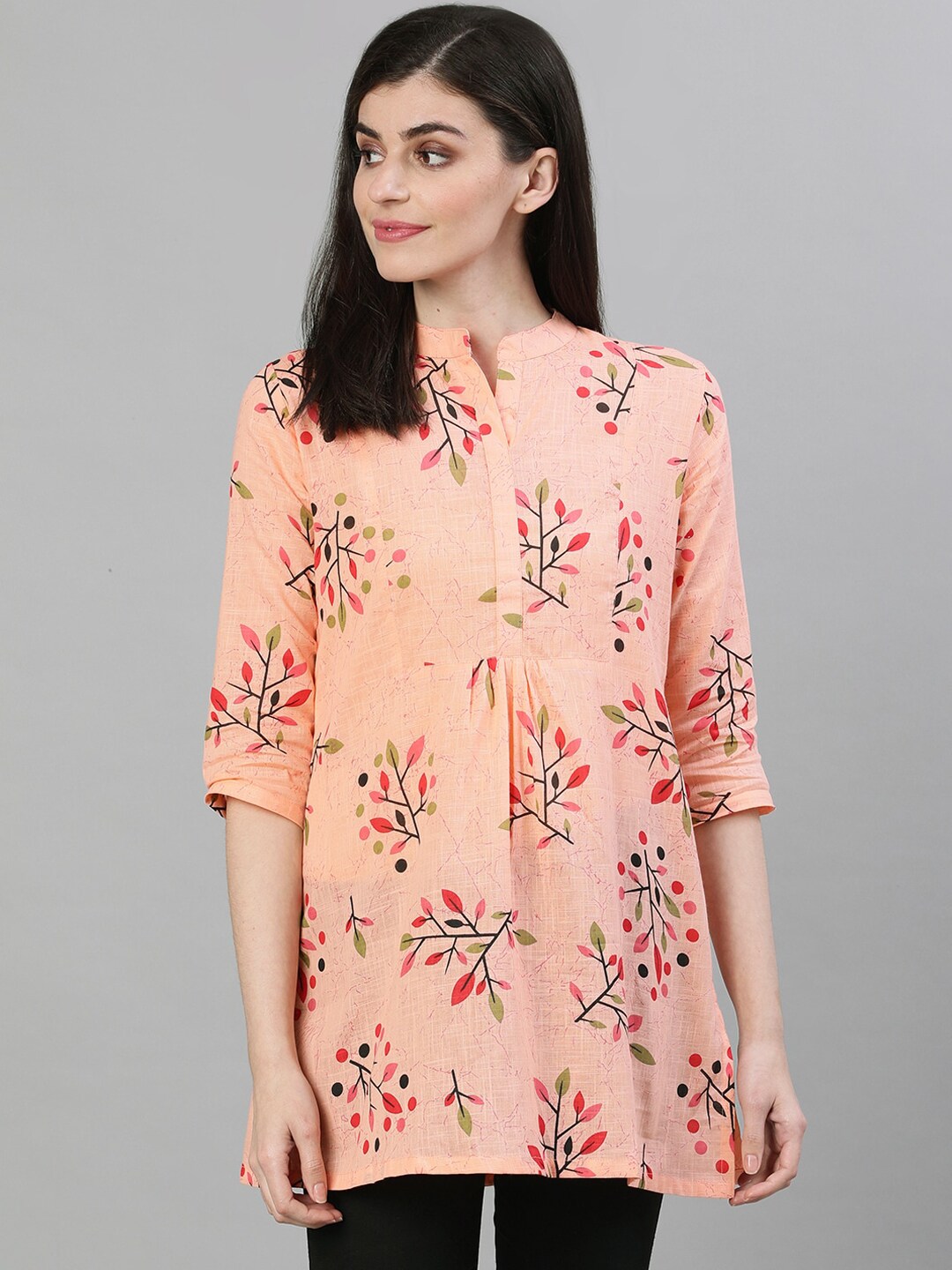 Nayo Women Peach-Colour & Red Printed Cotton A-Line Tunic Price in India