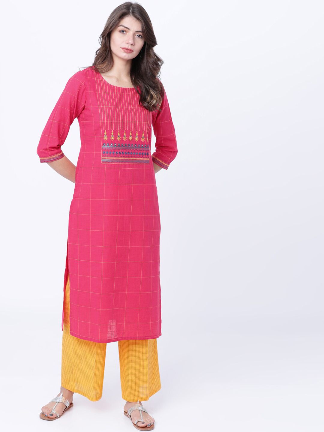 Vishudh Women Pink & Yellow Yoke Design Straight Kurta Price in India