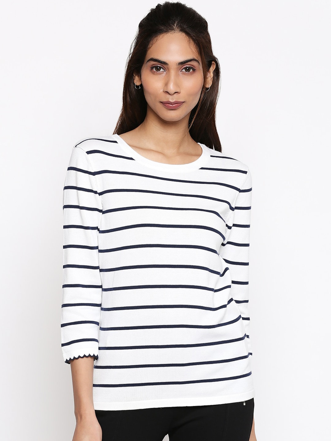 Annabelle by Pantaloons Women White & Black Striped Pullover Sweater Price in India