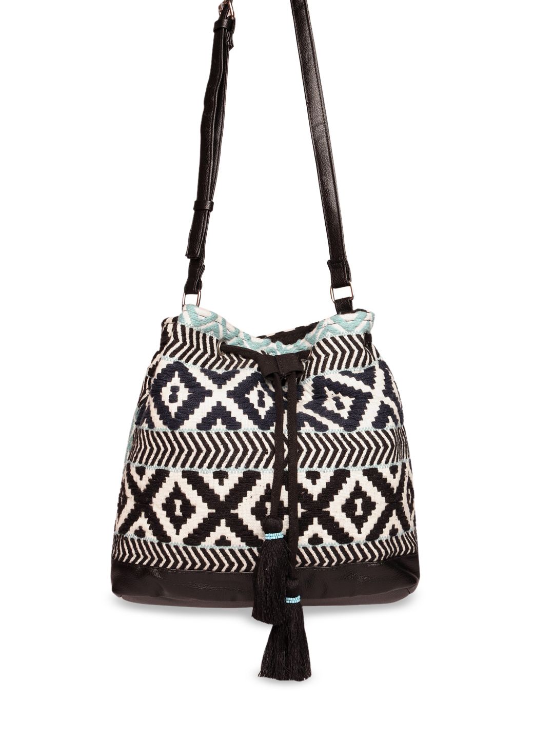 ASTRID Black & White Textured Bucket Sling Bag Price in India