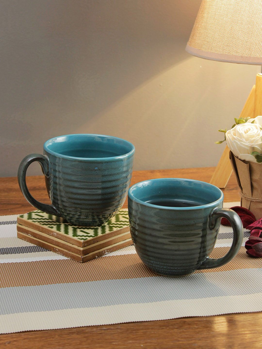 Aapno Rajasthan Set of 2 Blue & Brown Textured Ceramic Coffee Mug Price in India