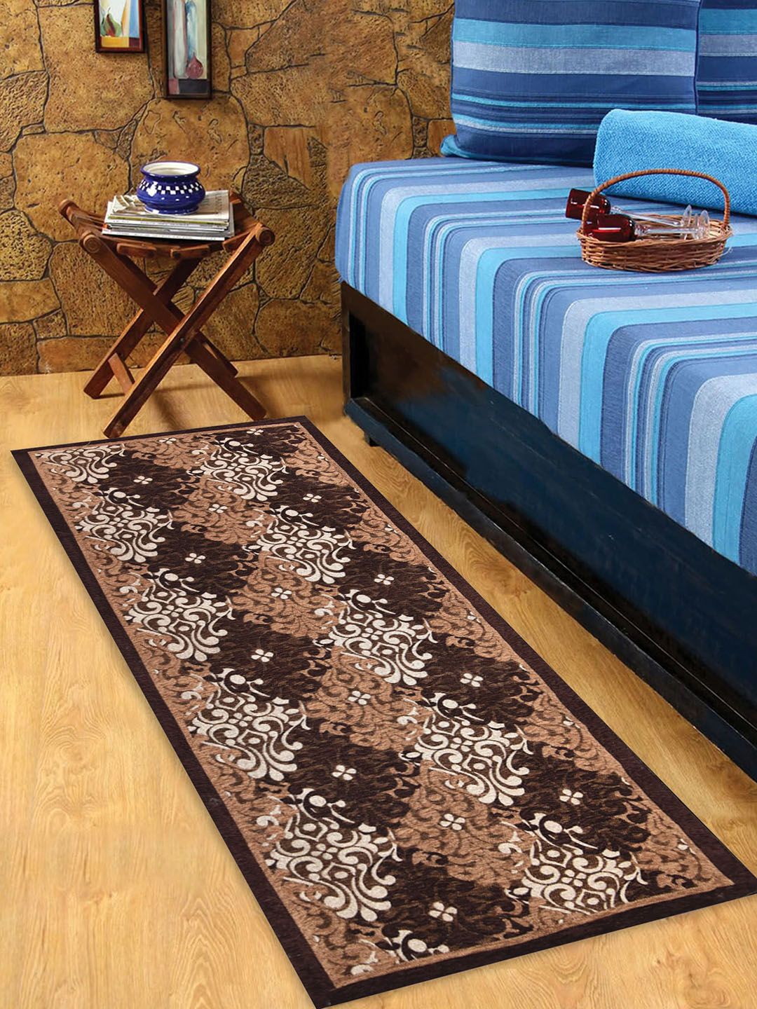 BELLA TRUE Unisex Brown & Beige Printed Chenille Bed Side Runner Anti Skid Heavy Carpet Price in India