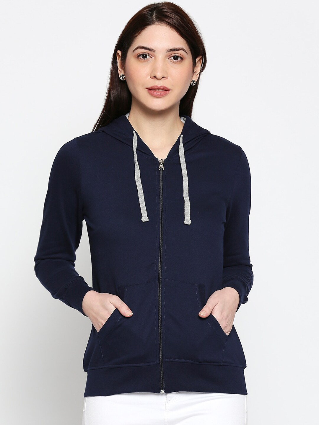 People Women Navy Blue Solid Bomber Jacket Price in India