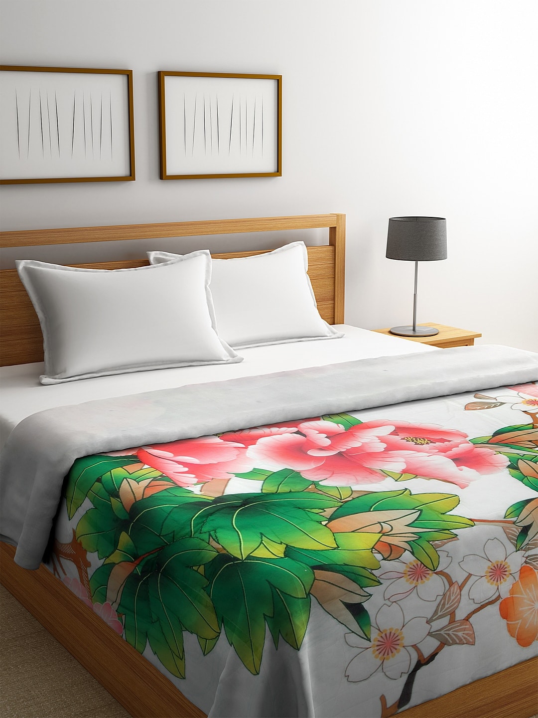 REME White & Green Digital Floral Printed Organic-Cotton Heavy Winter 150 GSM Sustainable Double Bed Quilt Price in India