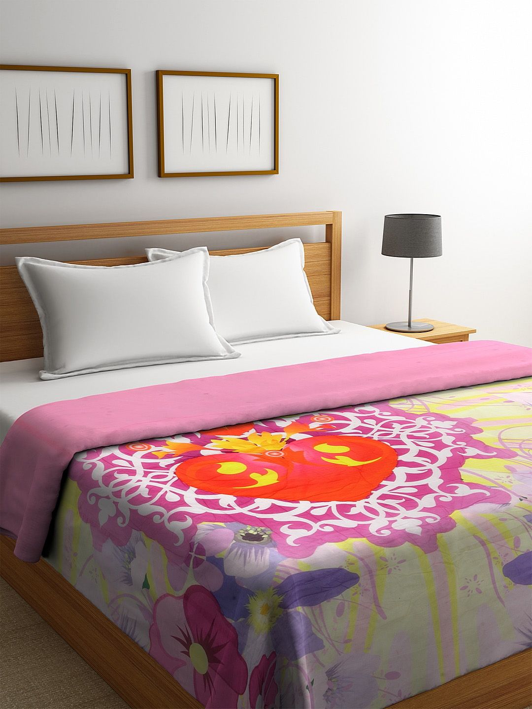 REME Pink & Yellow Digital Floral Printed Organic-Cotton Heavy Winter 150 GSM Sustainable Double Bed Quilt Price in India
