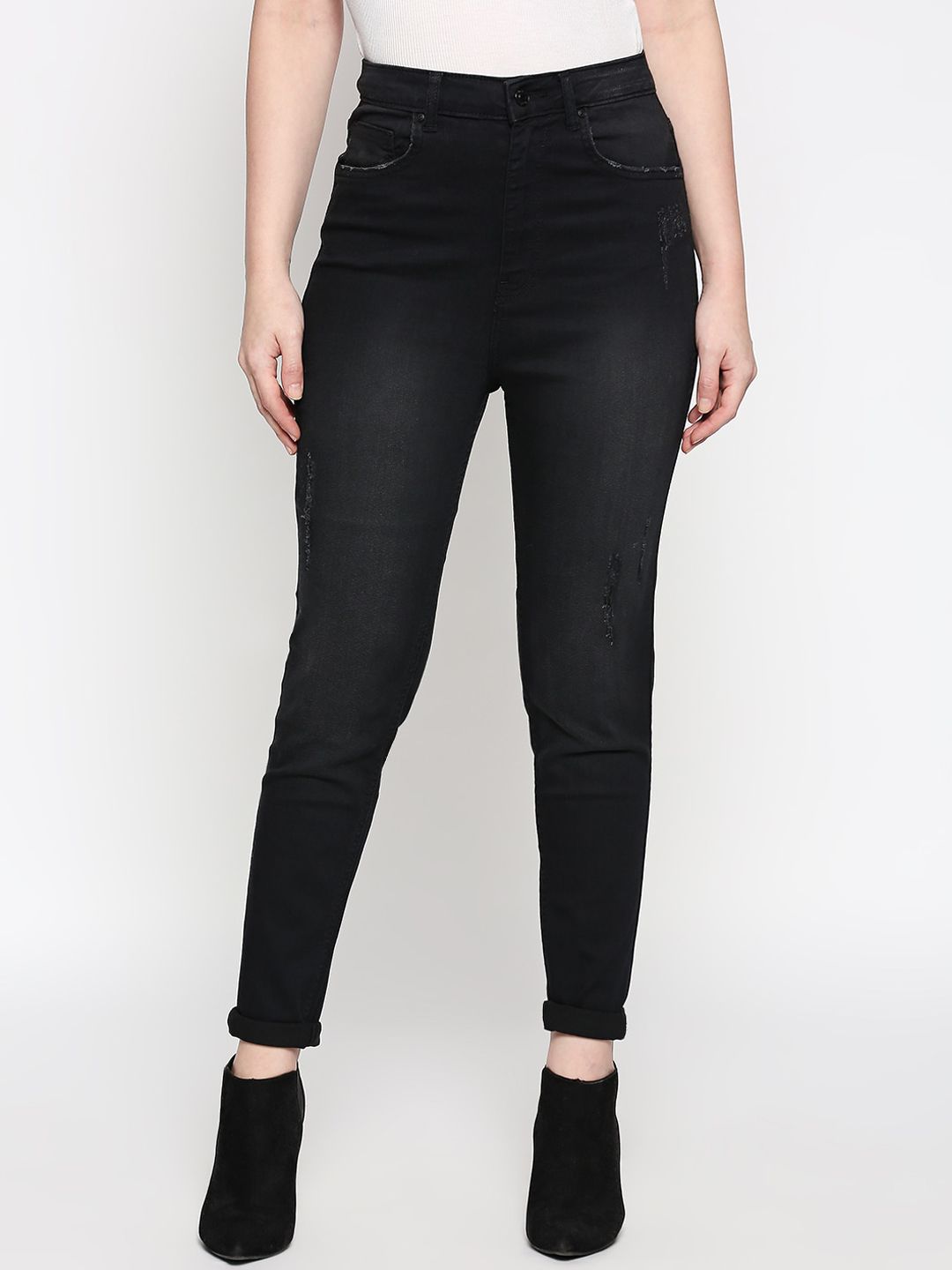 People Women Black Skinny Fit High-Rise Low Distress Jeans Price in India