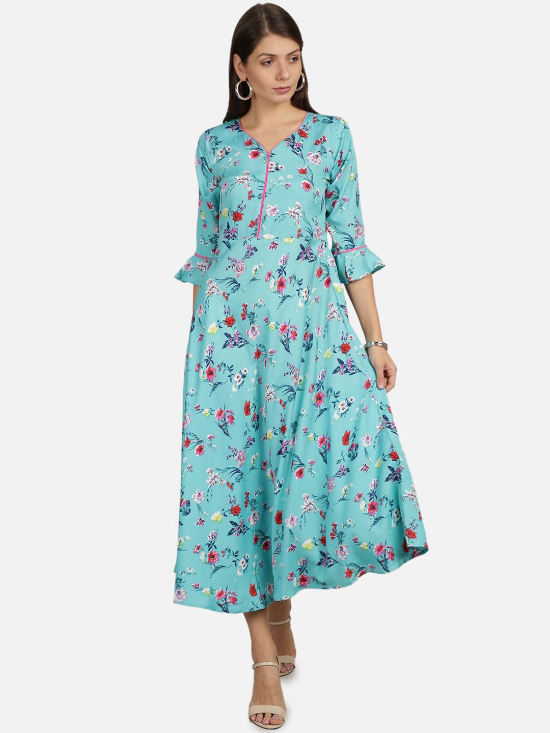 Florence Women Blue Floral Printed Fit and Flare Ethnic Dress