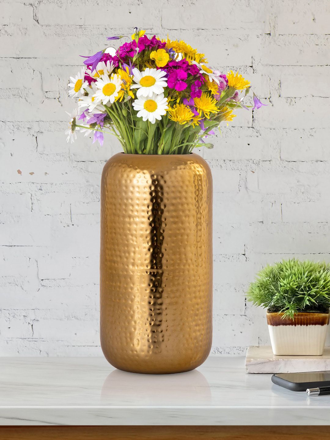 Aapno Rajasthan Gold-Toned Solid Shiny Hammered Cylindrical Flower Vase Price in India