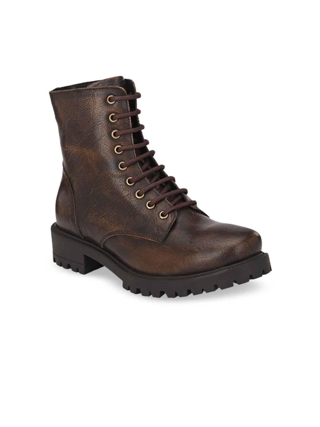 CARLO ROMANO Women Brown Solid Leather High-Top Flat Boots Price in India