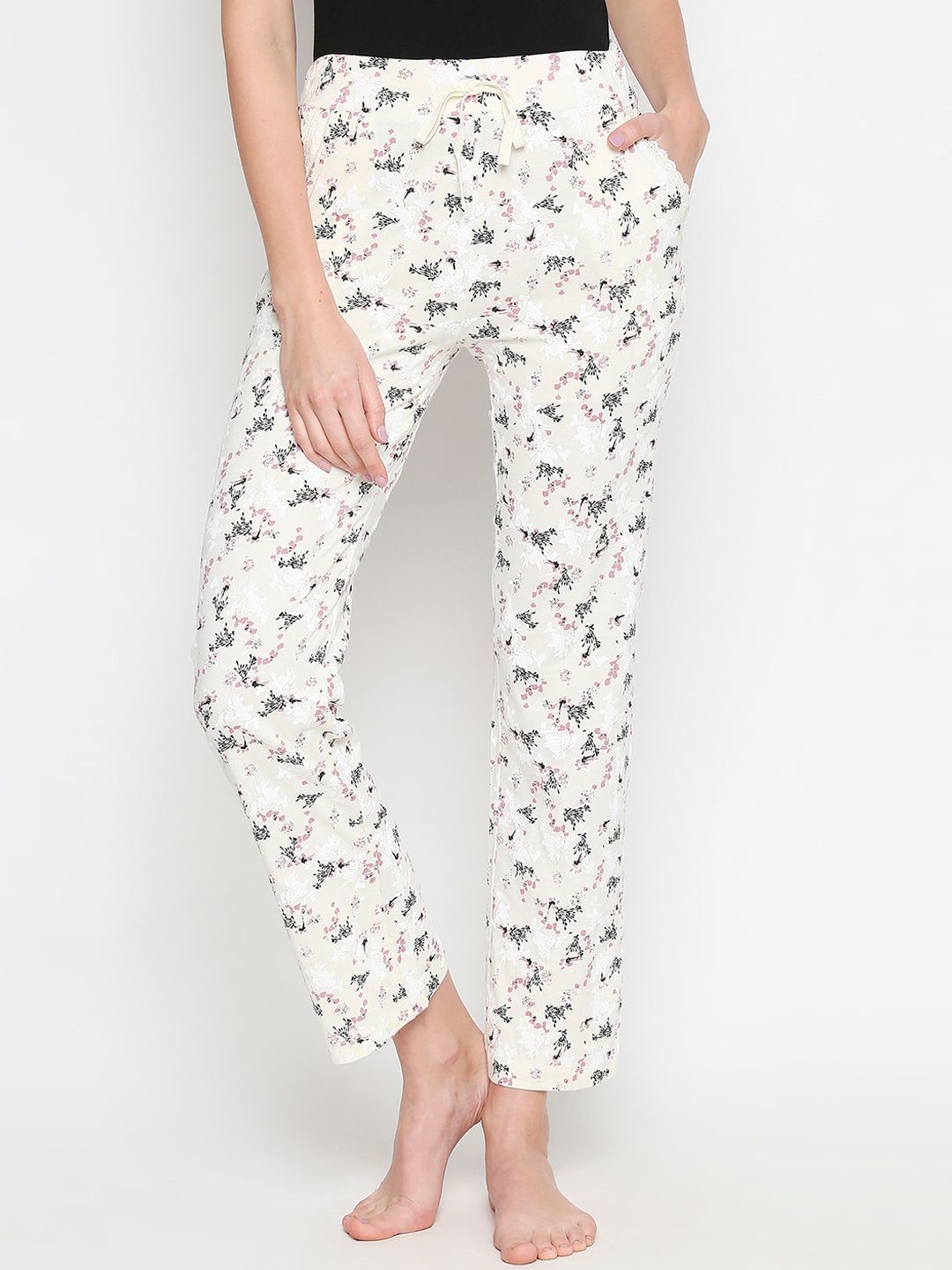 XIN Women Cream-Coloured & Pink Printed Lounge Pants Price in India