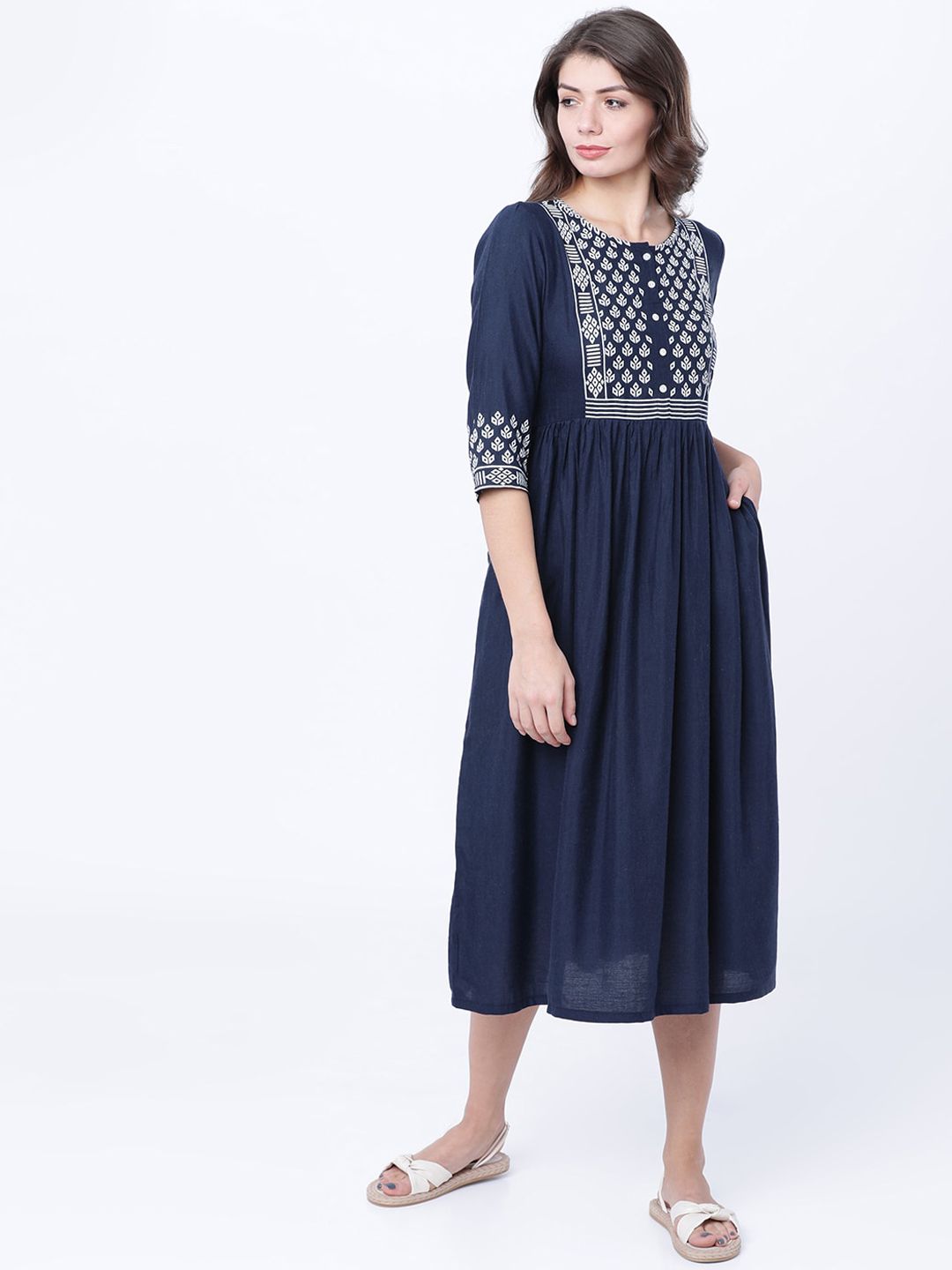 Vishudh Women Navy Blue Printed Fit and Flare Dress Price in India