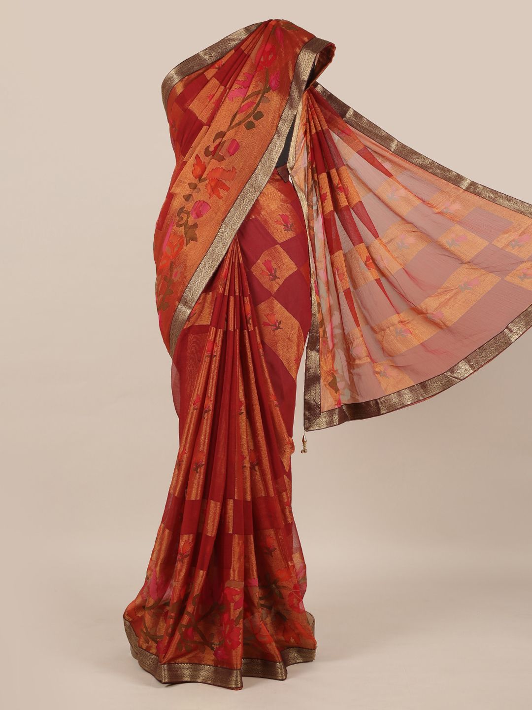 Pothys Maroon Printed Poly Chiffon Saree