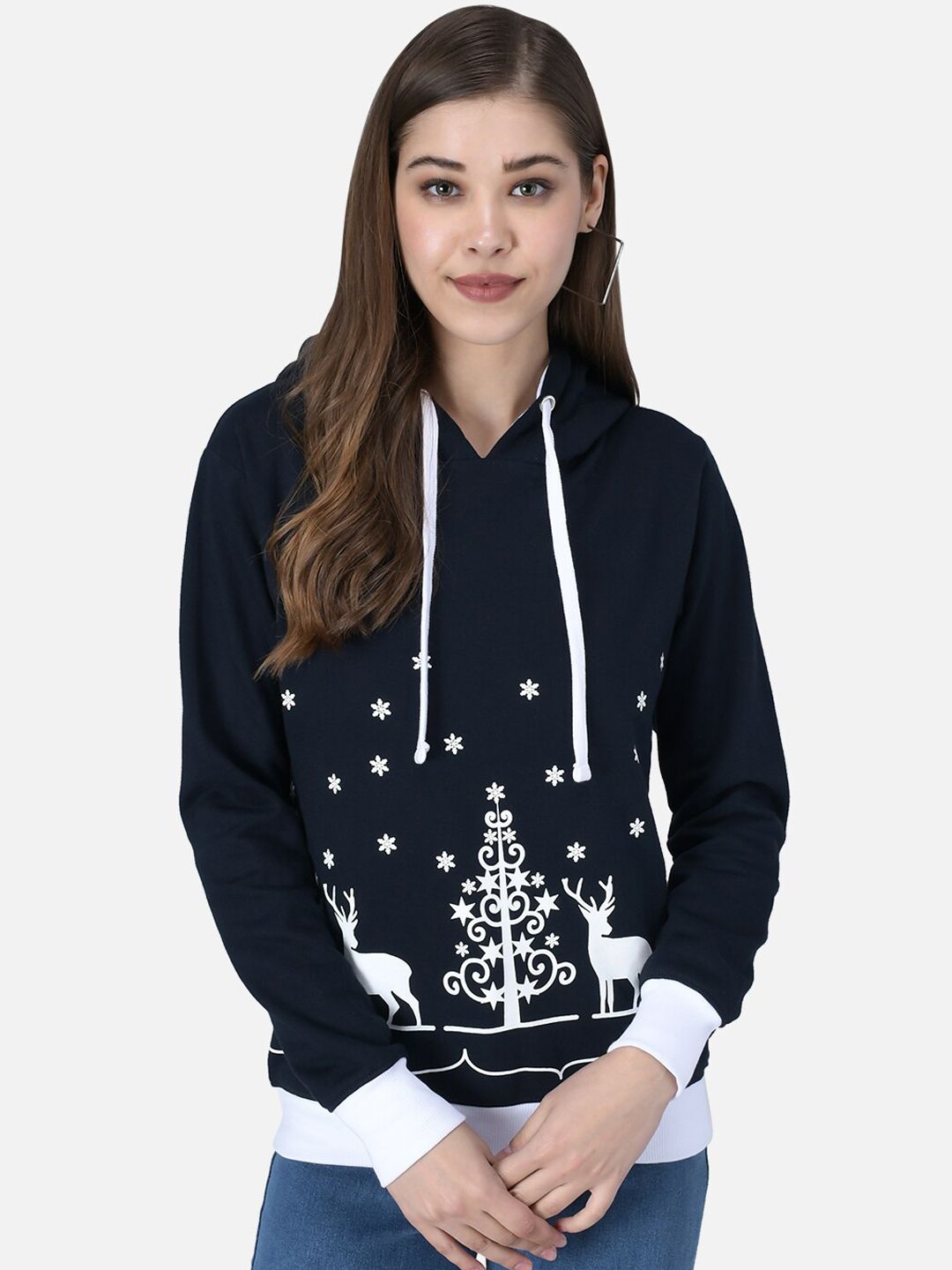 The Dry State Women Navy Blue Printed Hooded Sweatshirt Price in India