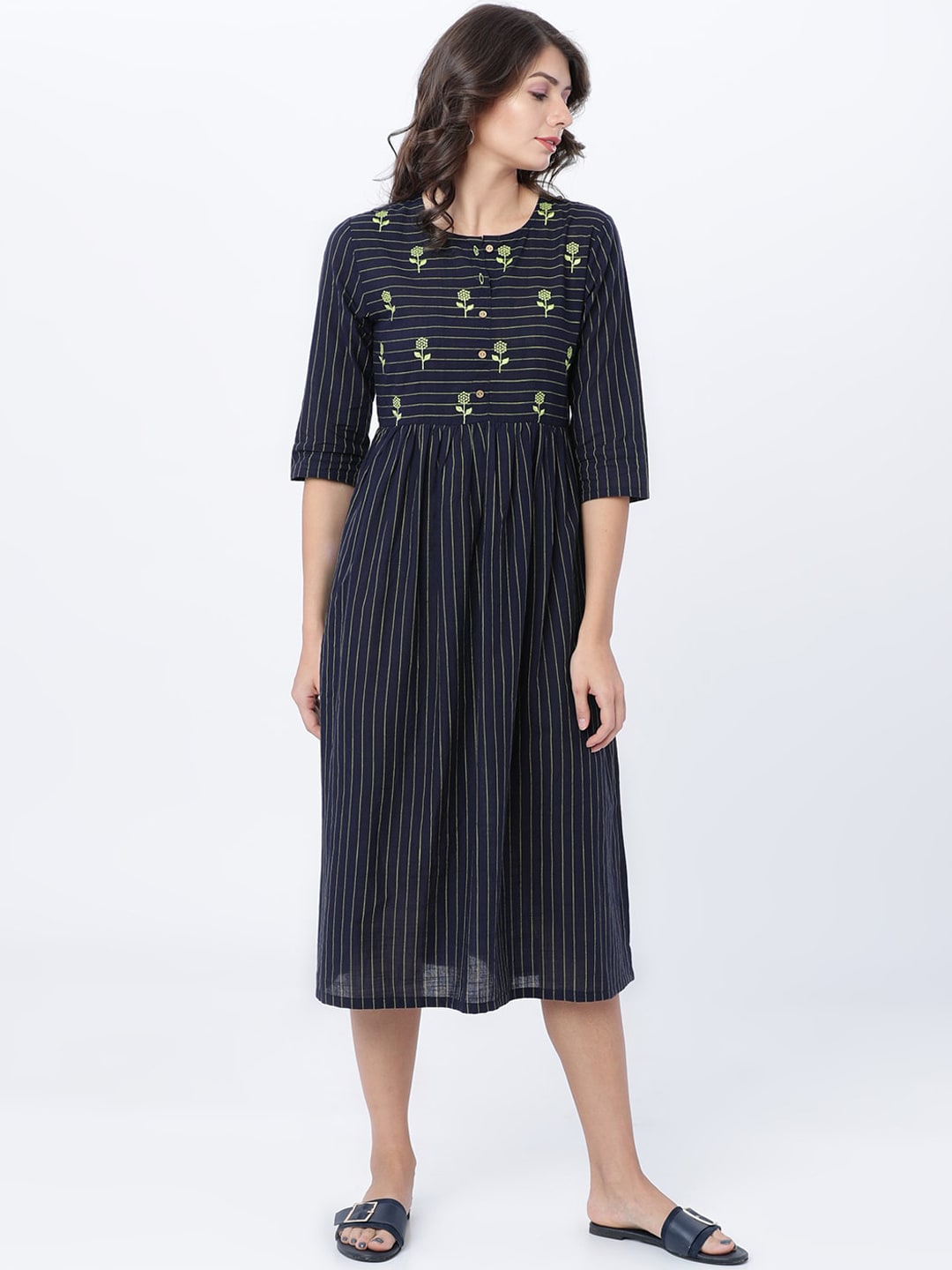 Vishudh Women Navy Blue Striped Fit and Flare Dress Price in India
