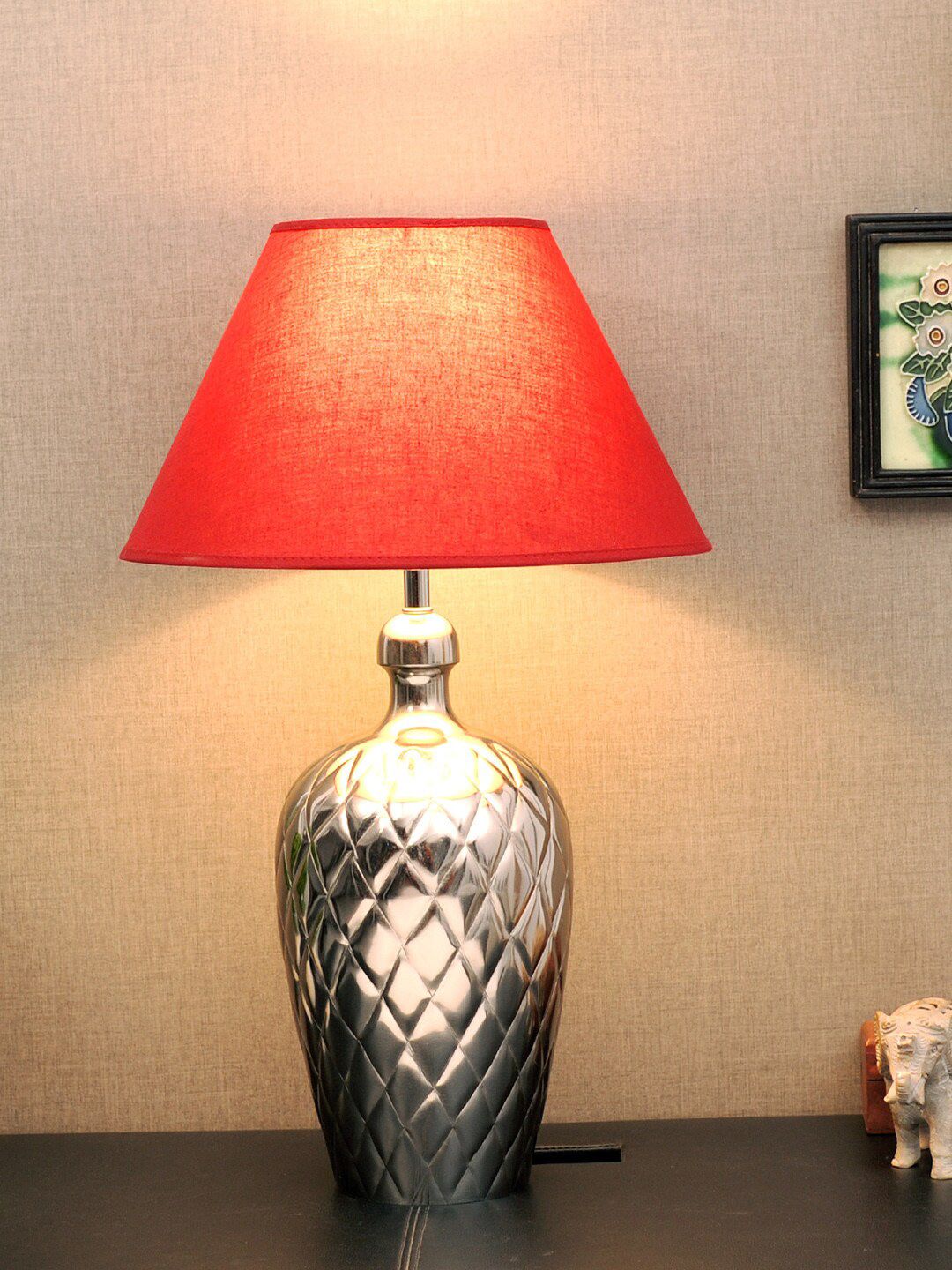 THE LIGHT STORE Steel-Toned Self-Design Frustum Table Lamp Price in India