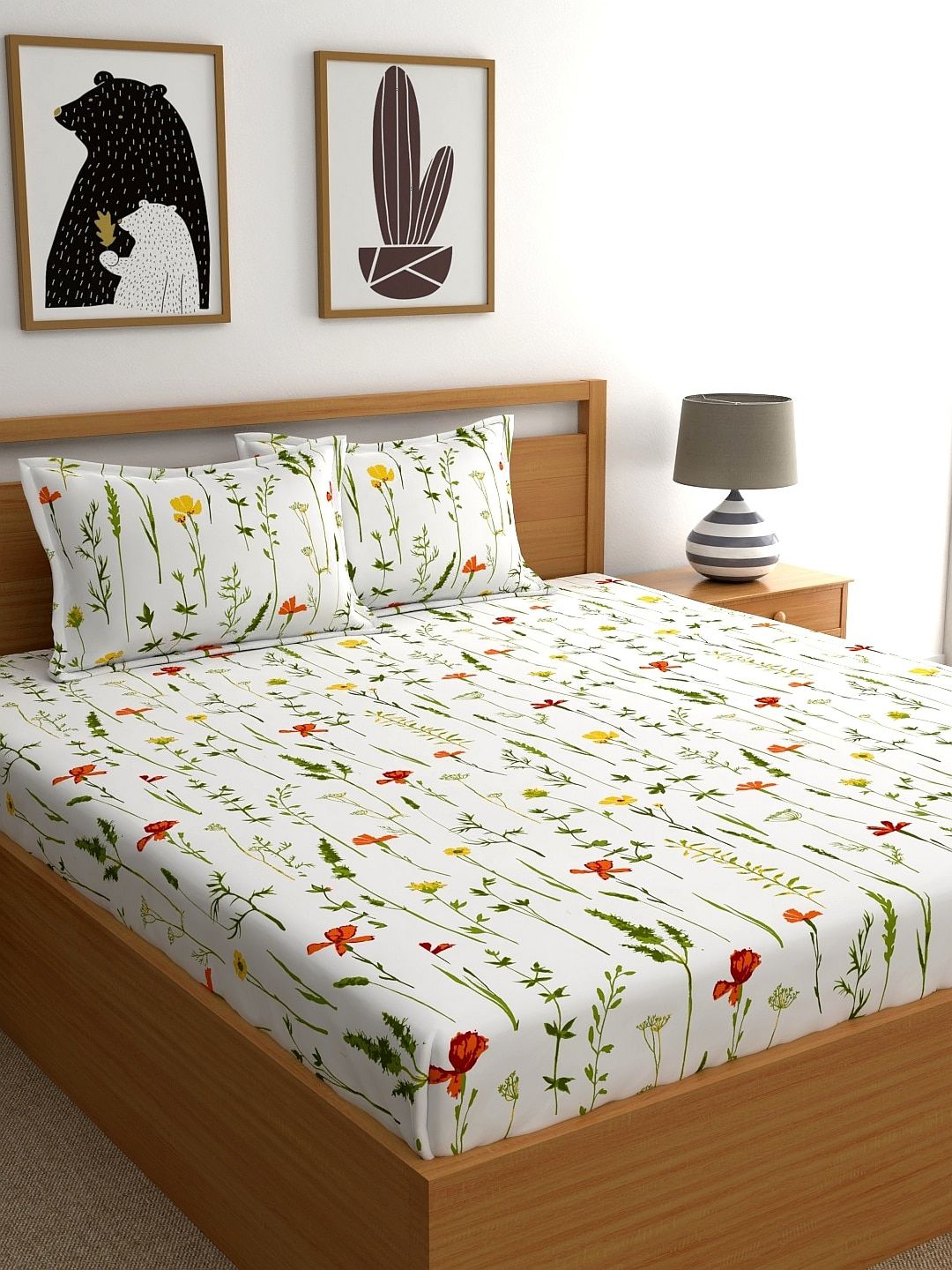 Home Ecstasy White & Green Printed 140 TC Cotton Double Queen Bedsheet With 2 Pillow Covers Price in India