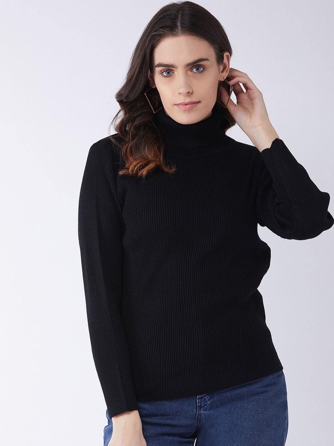 RVK Women Black Ribbed Pullover Turtle Neck Sweater Price in India