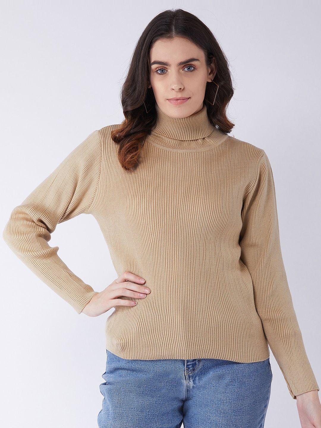 RVK Women Beige Solid Pullover Turtle Neck Sweater Price in India