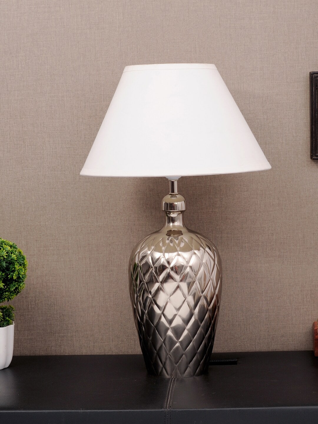 THE LIGHT STORE Steel-Toned Self Design Table Lamp With White Shade Price in India