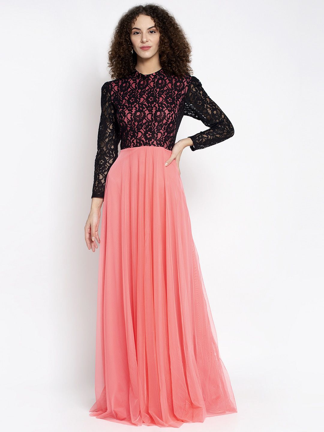 Just Wow Women Pink & Black Lace Maxi Dress Price in India