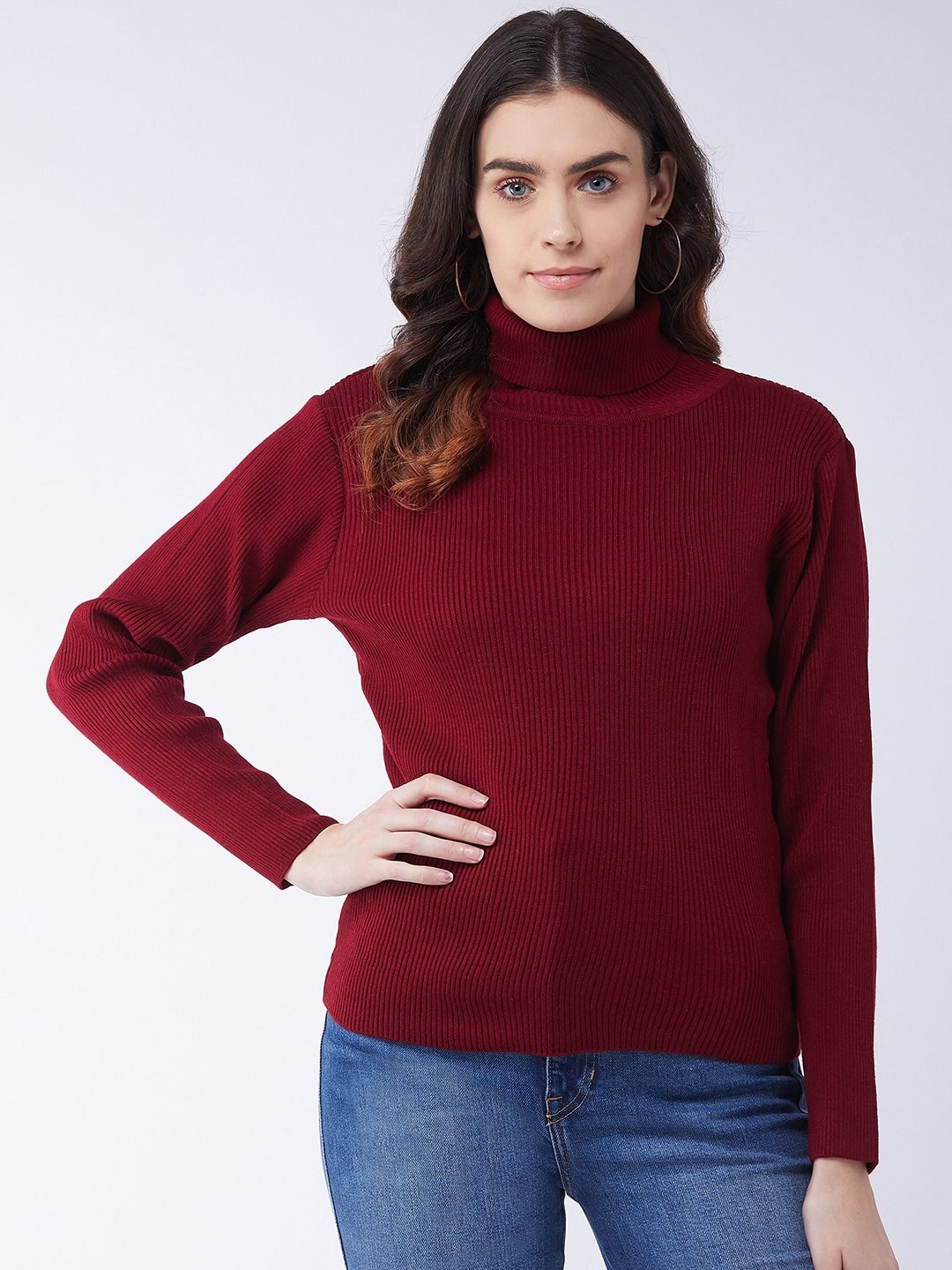 RVK Women Maroon Ribbed Pullover Sweater Price in India