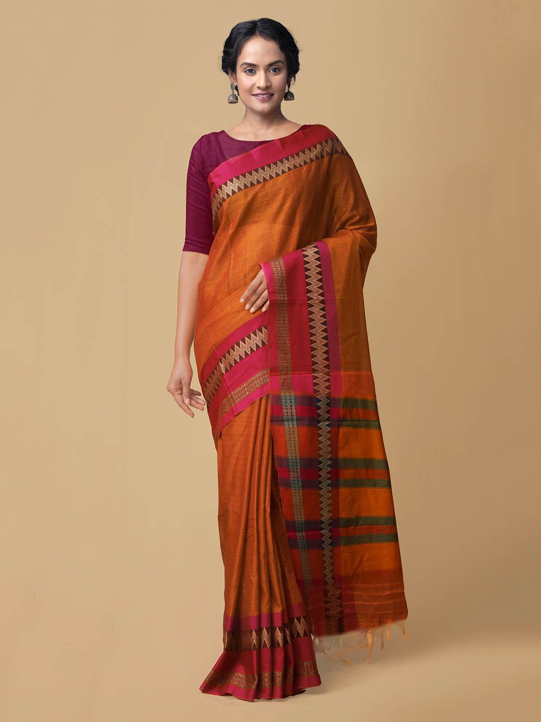 Unnati Silks Orange Pure Cotton Solid Handloom Narayan Peth Saree