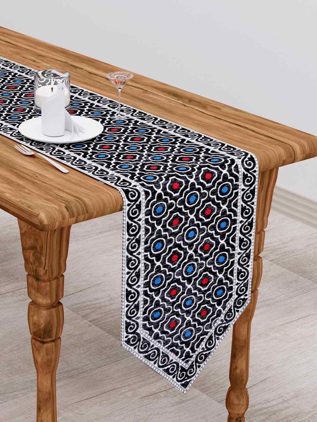 Clasiko Charcoal Grey & White Woven Design 300 TC Table Runner Price in India