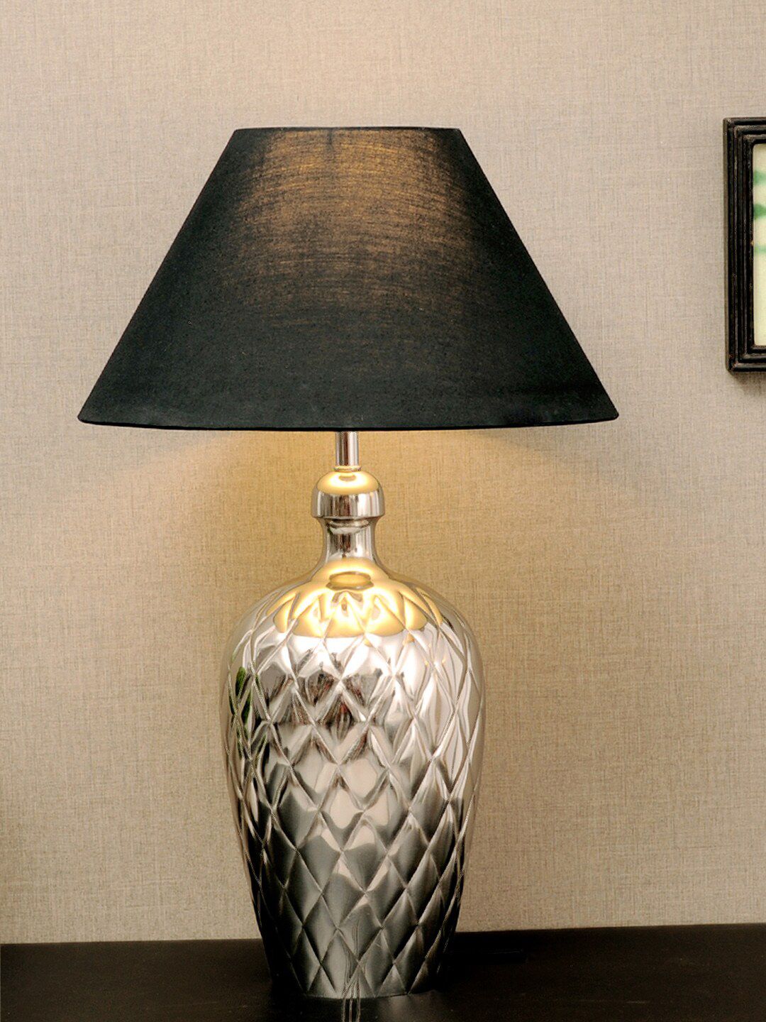 THE LIGHT STORE Steel-Toned Self-Design Table Lamp With Black Shade Price in India