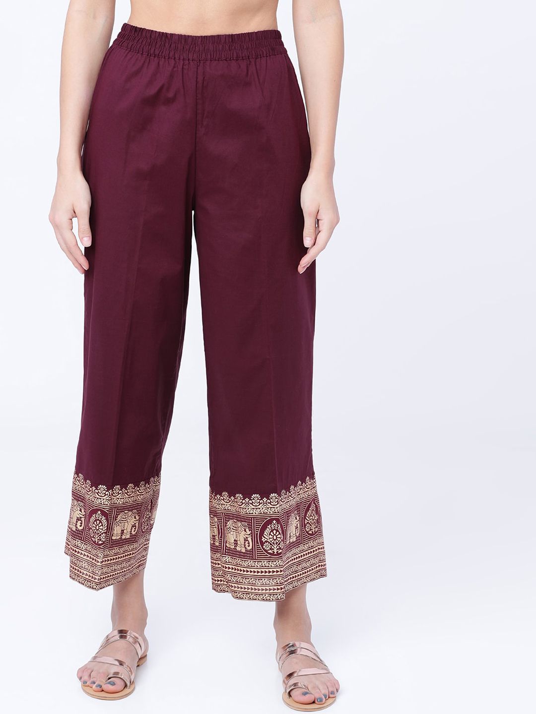 Vishudh Women Maroon & Gold-Colour Hem Design Cropped Straight Palazzo Price in India