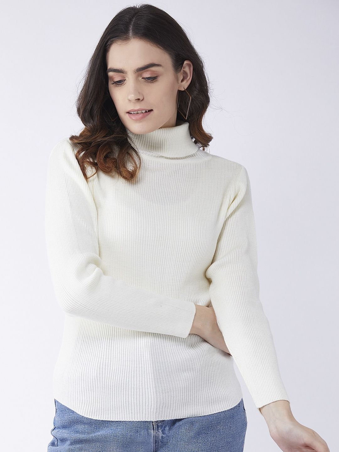 RVK Women Off White Ribbed Pullover Sweater Price in India