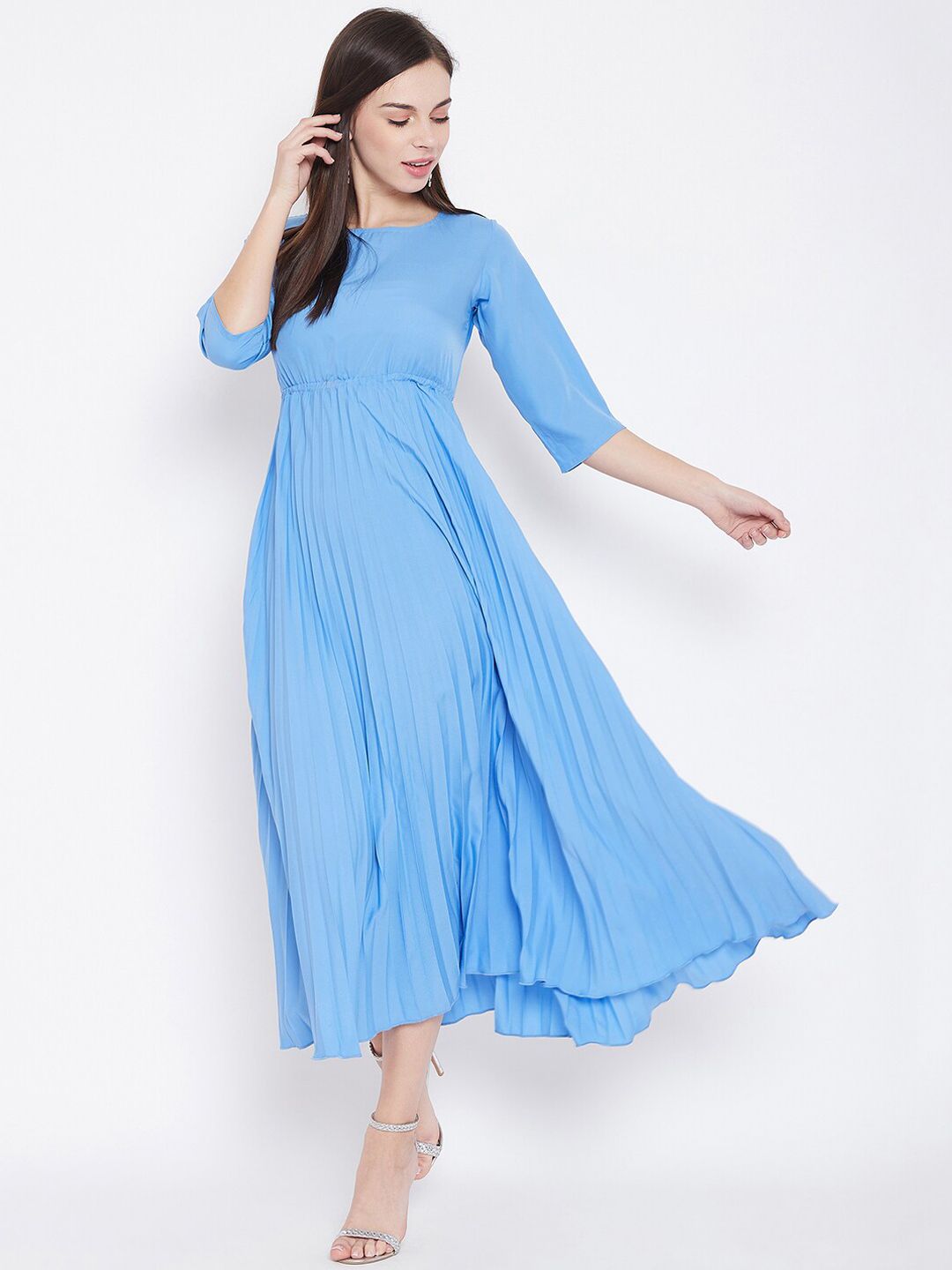U&F Women Blue Solid Fit and Flare Dress Price in India