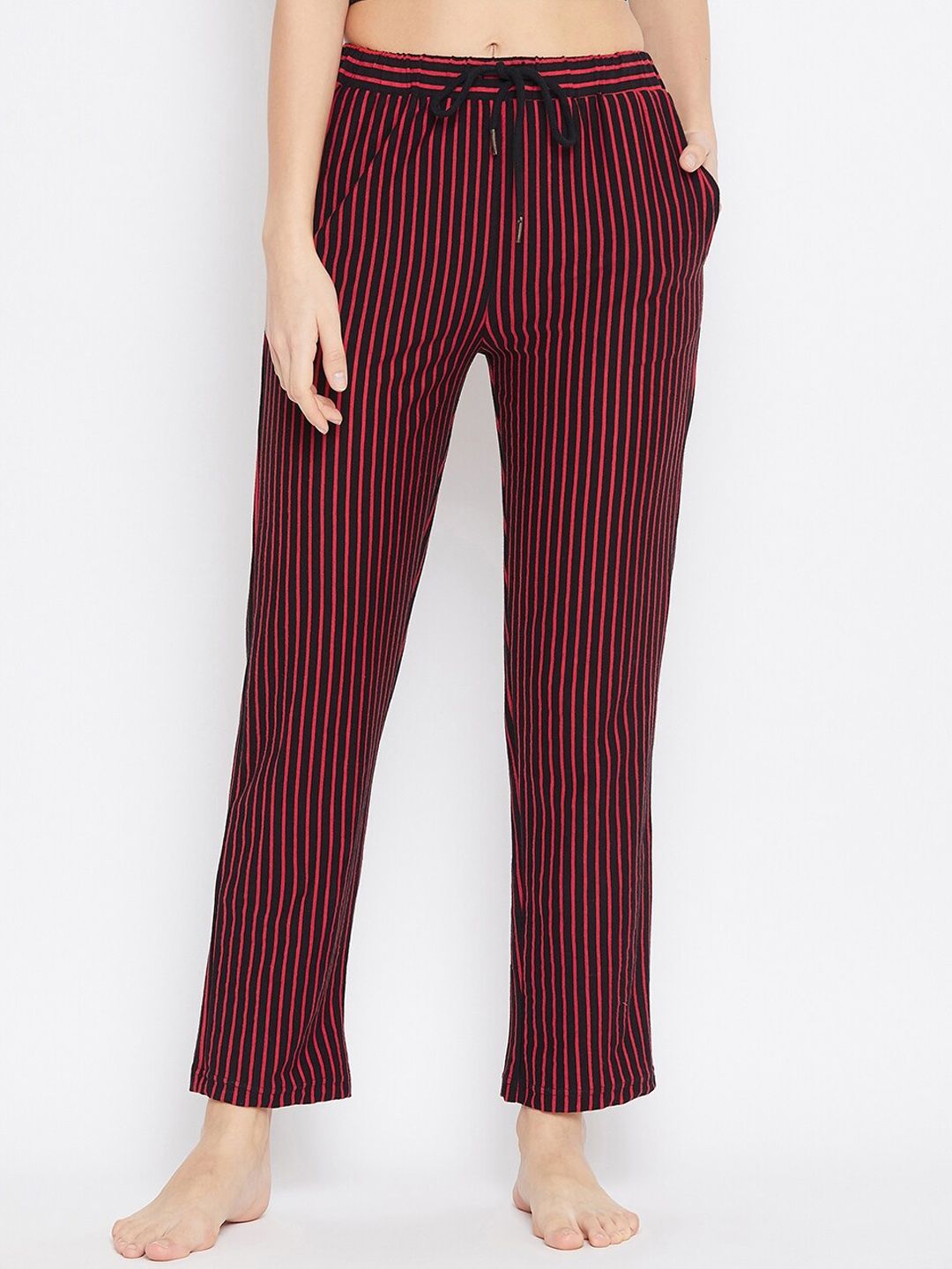 Hypernation Woman Red and Black Striped Lounge Pant Price in India