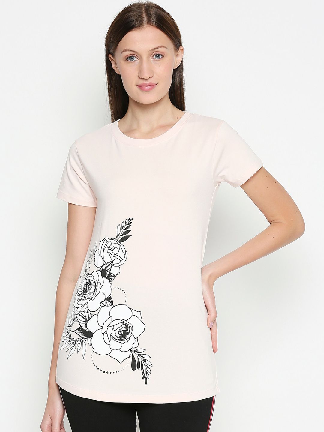 XIN Women Pink Printed Round Neck T-shirt