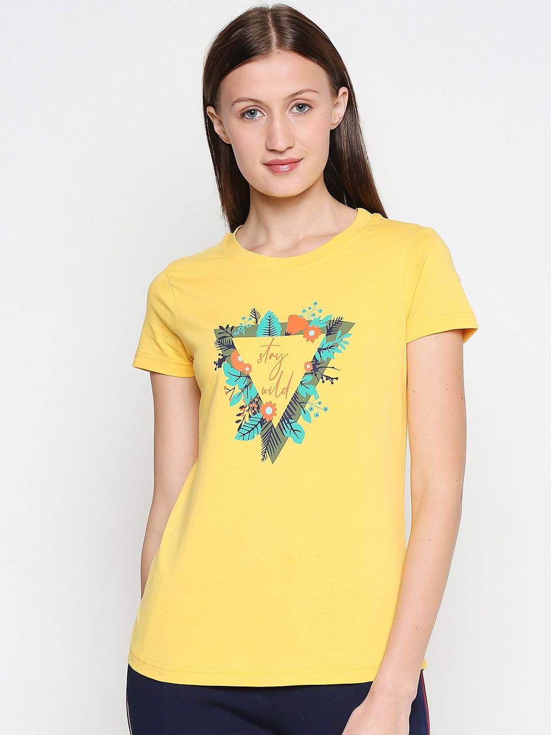 XIN Women Yellow Printed Round Neck T-shirt